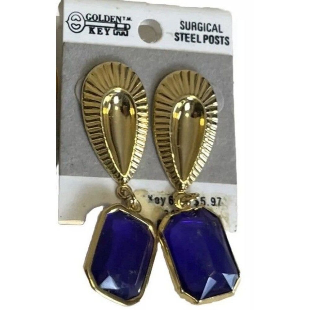 Vintage 80s‎ Earrings Purple Rhinestone Golden Key Pierced Dangle Drop Gold-tone